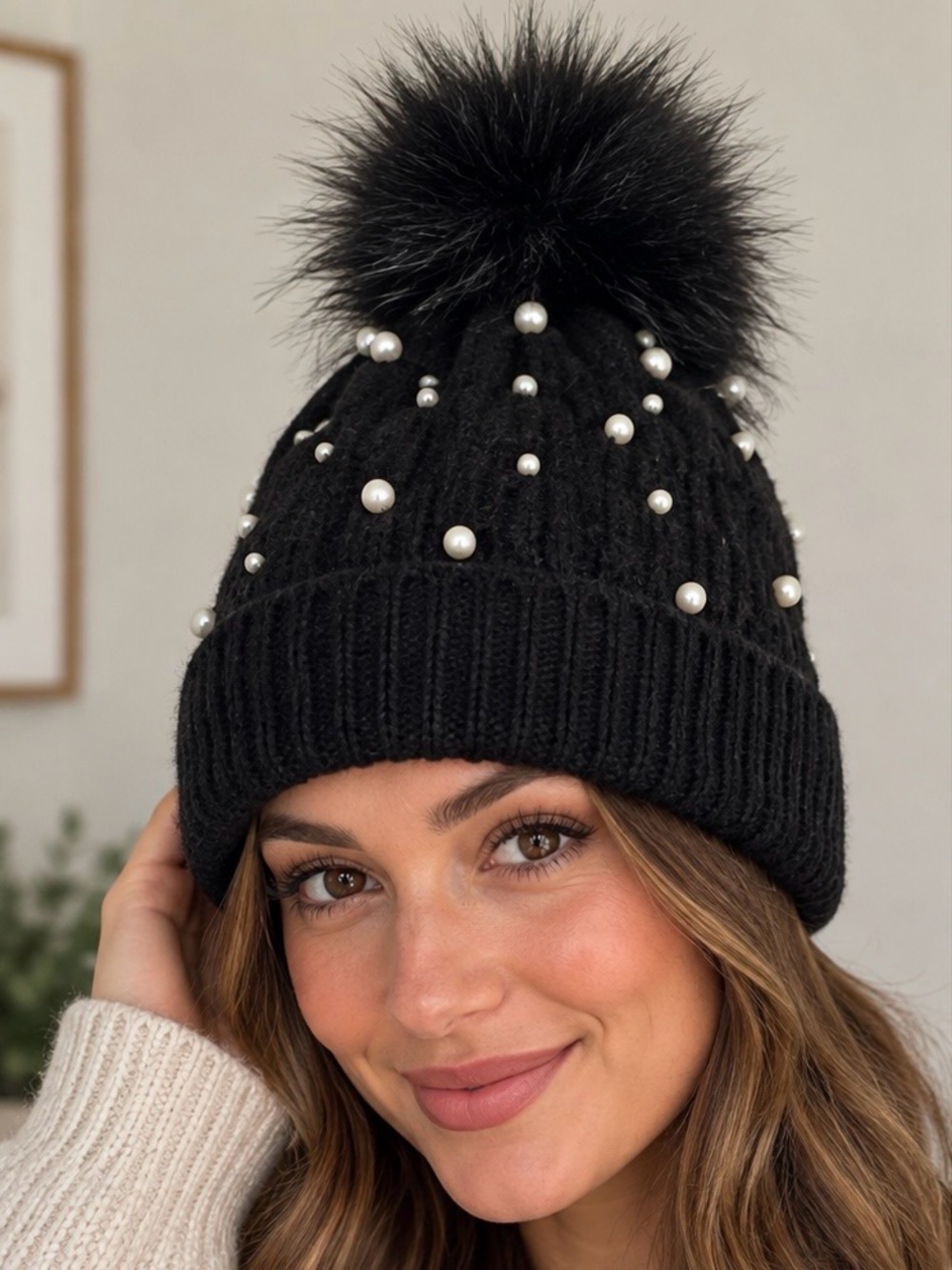 Forever 21 Black Knit Beanie with Faux Fur Pom & Pearl Accents